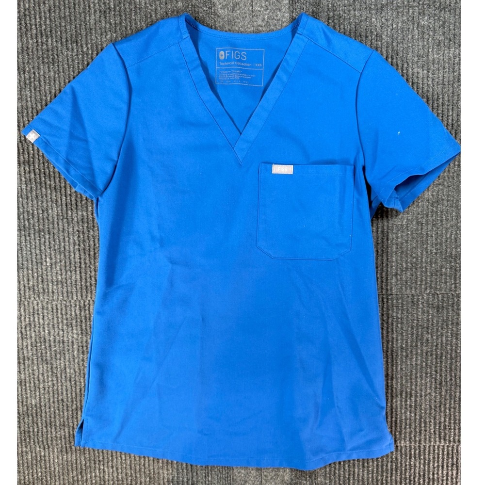 FIGS Technical Collection Royal Blue V-Neck Scrub Top Womens XXS Catarina Pocket